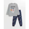 LCW Kids Gri Bisiklet Yaka Baskılı Uzun Kollu Polar Erkek Çocuk Pijama Takımı