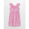 LCW Kids Pembe V Yaka Desenli Kısa Kollu Kız Çocuk Elbise ve Toka