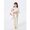 LCW Kids Ekru Gömlek Yaka Baskılı Kız Çocuk Pijama Takım