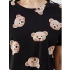 LCW Young Siyah Bisiklet Yaka Ayı Baskılı Kadın Şortlu Pijama Takımı