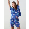 LCW Young Mavi Bisiklet Yaka Desenli Kadın Şortlu Pijama Takımı