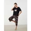 LCW Young Siyah Bisiklet Yaka Ayı Teddy Baskılı Kadın Kaprili Pijama Takımı
