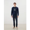 LCWAIKIKI Classic Lacivert Bisiklet Yaka Baskılı Erkek Kalın Sweatshirt