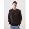 LCWAIKIKI Basic Kahverengi Bisiklet Yaka Uzun Kollu Baskılı Erkek Sweatshirt