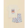 LCW Kids Ekru Bisiklet Yaka Baskılı Kısa Kollu Kız Çocuk Şortlu Pijama Takımı