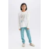Defacto E0531 Ekru Kız Çocuk Pijama Takımı Uzun Kollu Üst Esnek Belli Uzun Alt