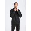 Defacto D7305 Siyah DeFactoFit Standart Fit Dik Yaka Fermuarlı Skuba Dalgıç Kumaş Sporcu Sweatshirt