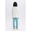 Defacto E0531 Ekru Kız Çocuk Pijama Takımı Uzun Kollu Üst Esnek Belli Uzun Alt