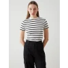 LCW Vision Siyah Bisiklet Yaka Çizgili Kadın Tişört