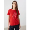 LCWAIKIKI Classic Kirmizi Bisiklet Yaka Baskılı Kadın Tişört