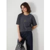 LCW Vision Antrasit Bisiklet Yaka Kalp Nakışlı Oversize Kadın Tişört
