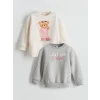 LCW Kids Ekru Ayı Teddy Baskılı Kız Çocuk Kalın Sweatshirt 2li