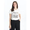LCWAIKIKI Classic Ekru Bisiklet Yaka Baskılı Kadın Tişört