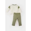 Defacto B9266 Ekru Erkek Bebek 2li Takım Renk Bloklu Sweatshirt Eşofman Altı