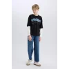 Defacto D7701 Siyah Erkek Çocuk Oversize Geniş Kalıp Bisiklet Yaka Baskılı Uzun Kollu Tişört