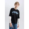 Defacto D7701 Siyah Erkek Çocuk Oversize Geniş Kalıp Bisiklet Yaka Baskılı Uzun Kollu Tişört