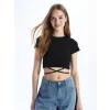 XSIDE Siyah Bisiklet Yaka Düz Kısa Kollu Kadın Crop