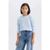 Defacto D8565 Mavi Kız Çocuk Slim Fit Dar Kesim Bisiklet Yaka Baskılı Fitilli Kaşkorse Uzun Kollu Tişört