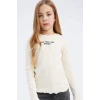 Defacto D8565 Ekru Kız Çocuk Slim Fit Dar Kesim Bisiklet Yaka Baskılı Fitilli Kaşkorse Uzun Kollu Tişört