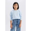 Defacto D8565 Mavi Kız Çocuk Slim Fit Dar Kesim Bisiklet Yaka Baskılı Fitilli Kaşkorse Uzun Kollu Tişört