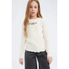 Defacto D8565 Ekru Kız Çocuk Slim Fit Dar Kesim Bisiklet Yaka Baskılı Fitilli Kaşkorse Uzun Kollu Tişört