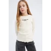 Defacto D8565 Ekru Kız Çocuk Slim Fit Dar Kesim Bisiklet Yaka Baskılı Fitilli Kaşkorse Uzun Kollu Tişört