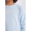 Defacto D8565 Mavi Kız Çocuk Slim Fit Dar Kesim Bisiklet Yaka Baskılı Fitilli Kaşkorse Uzun Kollu Tişört