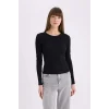 Defacto E5767 Siyah Slim Fit Dar Kesim Bisiklet Yaka Basic Düz Fitilli Kaşkorse Uzun Kollu Tişört