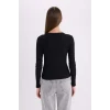 Defacto E5767 Siyah Slim Fit Dar Kesim Bisiklet Yaka Basic Düz Fitilli Kaşkorse Uzun Kollu Tişört