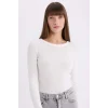 Defacto E5767 Ekru Slim Fit Dar Kesim Bisiklet Yaka Basic Düz Fitilli Kaşkorse Uzun Kollu Tişört
