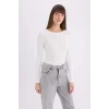 Defacto E5767 Ekru Slim Fit Dar Kesim Bisiklet Yaka Basic Düz Fitilli Kaşkorse Uzun Kollu Tişört