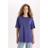 Defacto V4136 Mor Oversize Geniş Kalıp Bisiklet Yaka Baisc Düz Kısa Kollu Tişört