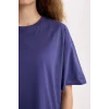 Defacto V4136 Mor Oversize Geniş Kalıp Bisiklet Yaka Baisc Düz Kısa Kollu Tişört