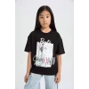 Defacto C6306 Siyah Kız Çocuk Barbie Relax Fit Bisiklet Yaka Kısa Kollu Tişört