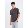 Defacto D5481 Antrasit %100 Pamuk Regular Fit Bisiklet Yaka Kısa Kollu Ağır Kumaş Tişört
