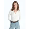 LCW Vision Ekru Polo Yaka Düz Uzun Kollu Kadın Body