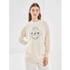 LCW Modest Ekru Bisiklet Yaka Baskılı Kadın Sweatshirt Tunik
