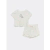 LCW baby Ekru Bisiklet Yaka Kısa Kollu Baskılı Kız Bebek Tişört ve Şort 2li Takım
