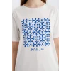 Defacto E1163 Ekru  Regular Fit Bisiklet Yaka Etnik Desenli Kısa Kollu Tişört