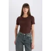 Defacto C0097 Kahve Slim Fit Dar Kesim Bisiklet Yaka Fitilli Kaşkorse Basic Düz Kısa Kollu Tişört