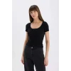 Defacto E5781 Siyah Slim Fit Dar Kesim Yuvarlak Yaka Basic Düz Fitilli Kaşkorse Kısa Kollu Siyah Tişört