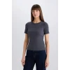 Defacto C0097 Antrasit Slim Fit Dar Kesim Bisiklet Yaka Fitilli Kaşkorse Basic Düz Kısa Kollu Tişört