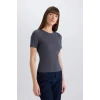 Defacto C0097 Antrasit Slim Fit Dar Kesim Bisiklet Yaka Fitilli Kaşkorse Basic Düz Kısa Kollu Tişört