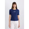 Defacto E5070 Lacivert Slim Fit Dar Kesim Bisiklet Yaka Baskılı Fitilli Kaşkorse Kısa Kollu Tişört