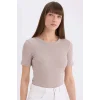 Defacto C0097 Bej Slim Fit Dar Kesim Bisiklet Yaka Fitilli Kaşkorse Basic Düz Kısa Kollu Tişört