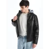 XSIDE Siyah Slim Fit Kapüşonlu Erkek Deri Görünümlü Mont