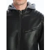 XSIDE Siyah Slim Fit Kapüşonlu Erkek Deri Görünümlü Mont