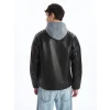 XSIDE Siyah Slim Fit Kapüşonlu Erkek Deri Görünümlü Mont