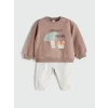 LCW baby Kahverengi Baskılı Erkek Bebek Jogger Pantolon ve Sweatshirt 2li