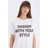 Defacto E5059 Beyaz Oversize Geniş Kalıp Bisiklet Yaka Baskılı Casual Kısa Kollu Tişört